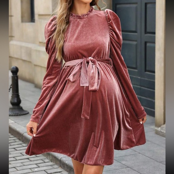 Luxe Comfy Velvet Long Sleeve Holiday Maternity Dress - Picture 5 of 6